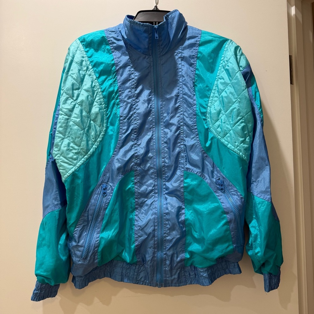 Vintage 80s 90s Colorblock Windbreaker Track Jacket Teal Turquoise blue quilted